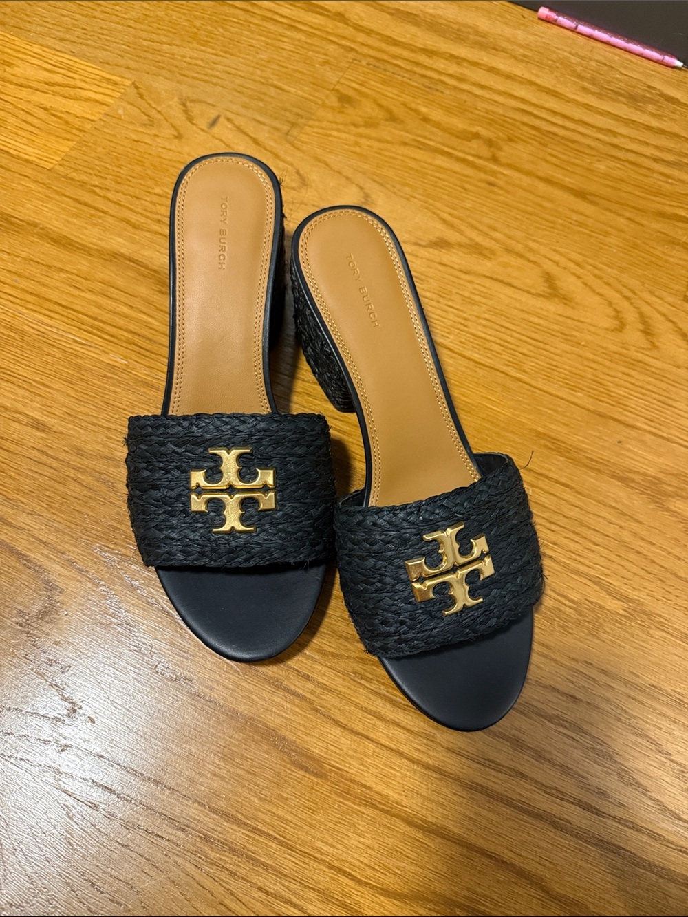 Tory Burch Black Raffia Slide Mules with Gold Logo Accent
